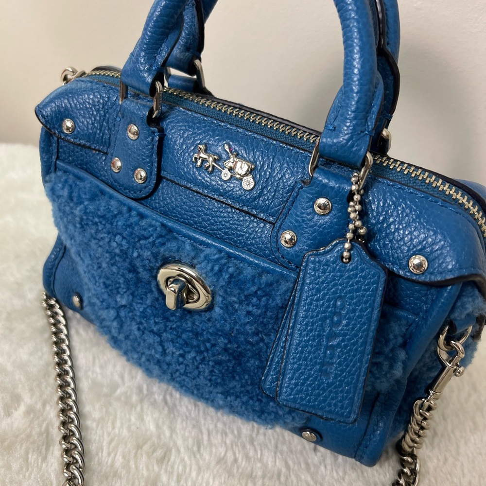 Coach Blue Shearling & Leather Satchel with Chain Strap